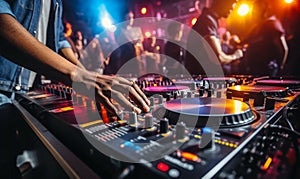 DJs hand adjusting music on turntable at club party with dancing crowd in the background vibrant nightlife scene