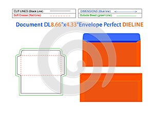 DL 8.66x4.33 inch Document envelope dieline template and 3D envelope editable easily resizable