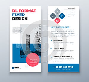 DL flyer design layout. Black Blue DL Corporate business template for flyer. Layout with modern elements and abstract