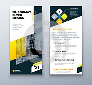 DL flyer design layout. Black Yellow DL Corporate business template for flyer. Layout with modern elements and abstract