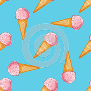 Dleicious pink cone ice cream seamless pattern on blue background