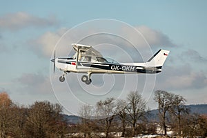 DLOUHA LHOTA  CZECH REP - JAN 27  2021. Cessna 150 small sports plane takes off at the airport in Dlouha Lhota