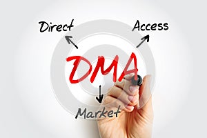 DMA Direct Market Access - access to the electronic facilities and order books of financial market exchanges, acronym text concept