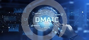 DMAIC Six Sigma Lean Quality control Business technology Concept. Robotic arm 3D rendering.