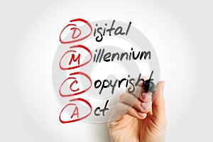 DMCA - Digital Millennium Copyright Act acronym with marker, technology concept background