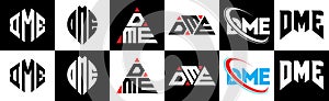 DME letter logo design in six style. DME polygon, circle, triangle, hexagon, flat and simple style with black and white color