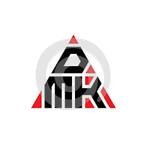 DMK triangle letter logo design with triangle shape. DMK triangle logo design monogram. DMK triangle vector logo template with red