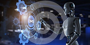 DMS Document management system business process automation RPA concept. Robot pressing button on screen 3d render