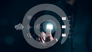 DMS document management system concept. Businessman working and using online documentation database management software technology