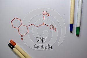 DMT write on the white board. Structural chemical formula. Education concept