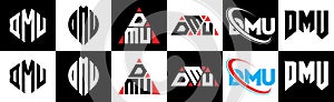 DMU letter logo design in six style. DMU polygon, circle, triangle, hexagon, flat and simple style with black and white color