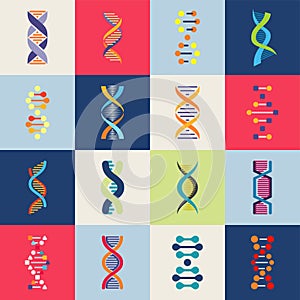 DNA 16 icons set. Collection of symbols strands DNA and genetic elements. Vector