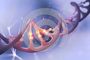 DNA 3D illustration. Decoding genome sequence. Scientific studies of structure of DNA molecule. Helix decomposing