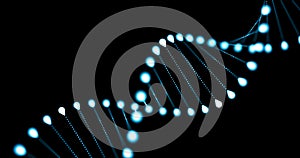 DNA 3D loop, gene helix spiral, chromosome molecule cell of blue light on black background. DNA molecule for molecular genome