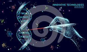 DNA 3D structure editing medicine concept. Low poly polygonal triangle gene therapy cure genetic disease. GMO