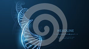 DNA. Abstract 3d polygonal wireframe DNA molecule helix spiral on blue.