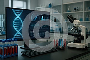 DNA analysis on a computer screen in a laboratory with a microscope and test tubes science research