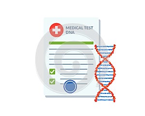 DNA analysis test result document checklist blank with molecular structure deoxyribonucleic acid spiral. Medical lab