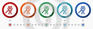 Dna, biotechnology research concept vector icon set, infographic template, flat design colorful web buttons in 5 color options