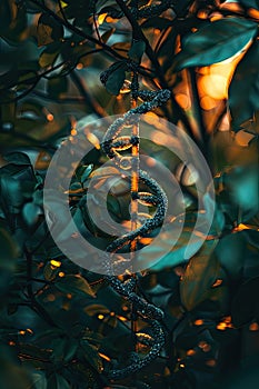 DNA chain on a background of plants. Selective focus.