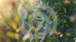 DNA chain on a background of plants. Selective focus.