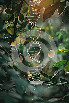 DNA chain on a background of plants. Selective focus.