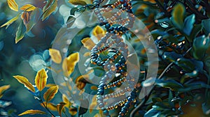 DNA chain on a background of plants. Selective focus.