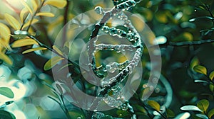 DNA chain on a background of plants. Selective focus.