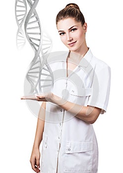 DNA chains flows from hand of young female doctor.