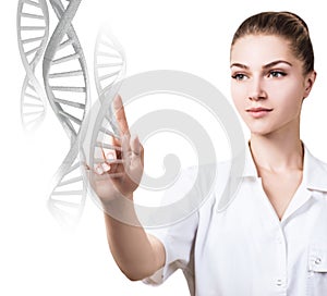 DNA chains flows from hand of young female doctor.