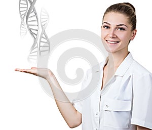 DNA chains flows from hand of young female doctor.