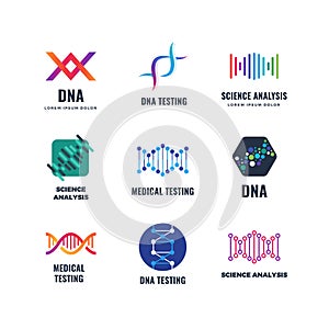 Dna code biotech vector science genetics logo. Helix molecule biotechnology emblems photo