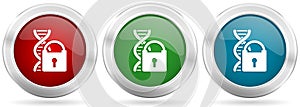 Dna code information security vector icon set. Red, blue and green silver metallic web buttons with chrome border