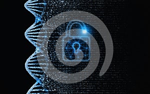 DNA decode, biological, genetic decoding concept. Genom map. The DNA strand, nucleic acid double helix, is being read or unlocked