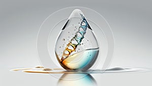 DNA double helix genetic material. Gene sequencing abstract design. Floating in water drop background.