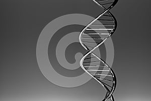 DNA double helix, grey glossy material, dark gradient background