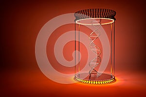 DNA double helix in show-case with orange stand, dark color background