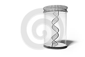 DNA double helix in show-case on stand, white background