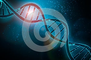 DNA double helix strands on blue background 3D rendering illustr