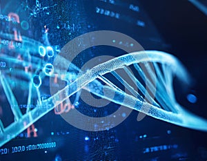 A DNA double helix structure superimposed on a background of binary code
