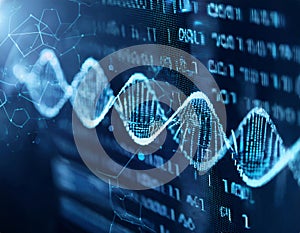 A DNA double helix structure superimposed on a background of binary code
