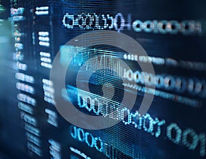 A DNA double helix structure superimposed on a background of binary code