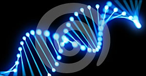 DNA gene helix spiral 3D loop, chromosome molecule cell of blue light on black background. DNA molecule or genome cell for