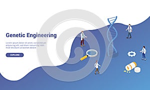 Dna genetic engineering with team doctor people for website template or landing homepage with isometric modern style - vector