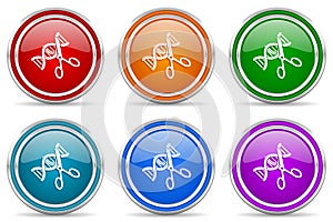 Dna, genetic modification silver metallic glossy icons, set of modern design buttons for web, internet and mobile applications in