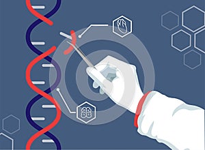 DNA genome. Genetics modification engineering. Baby genetically experiments. Gene editing. Doctor holds crispr in
