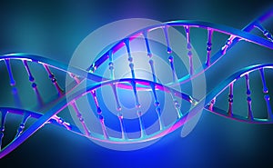 DNA genome research. Bright neon light. DNA molecule structure