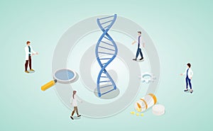 Dna helix analysis concept with team doctor research with isometric modern flat - vector