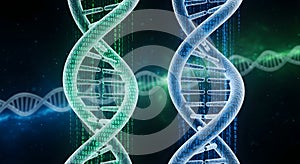 DNA helix with binary code data flow, science, technology, genetics, biotechnology, research