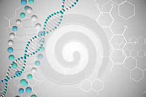 DNA helix in blue with chemical structures